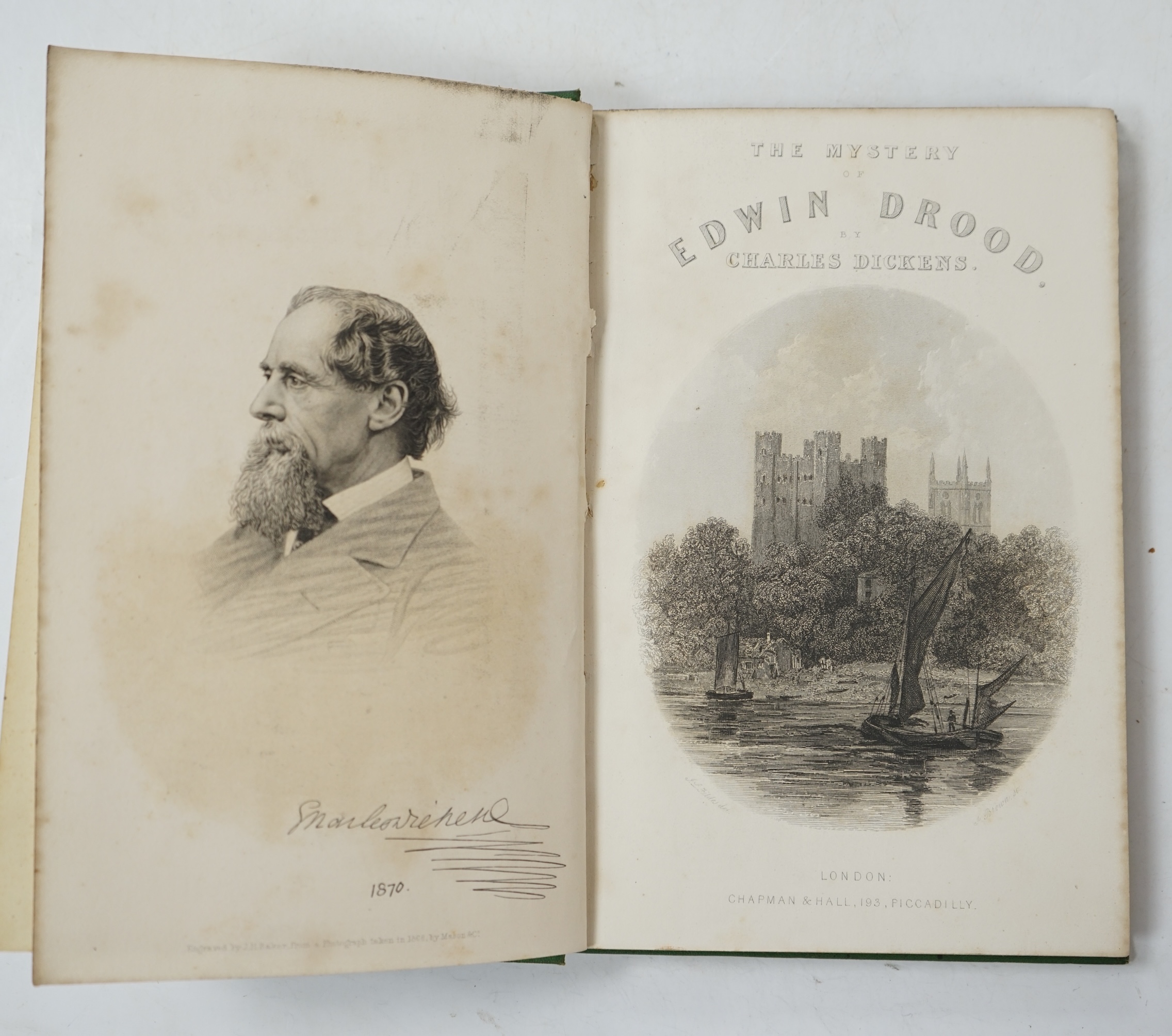 Dickens, Charles - The Mystery of Edwin Drood. 1st edition. engraved pictorial and printed titles, portrait frontis. and 12 plates (by S.L. Fildes), advert. leaf at end; near contemp. gilt decorated green cloth. 1870